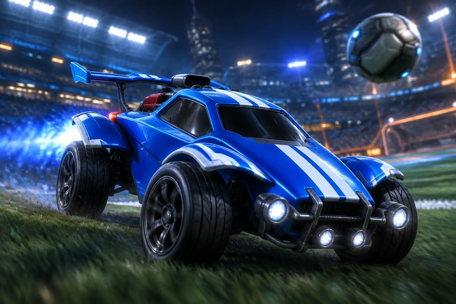 Blue rocket car on a night pitch