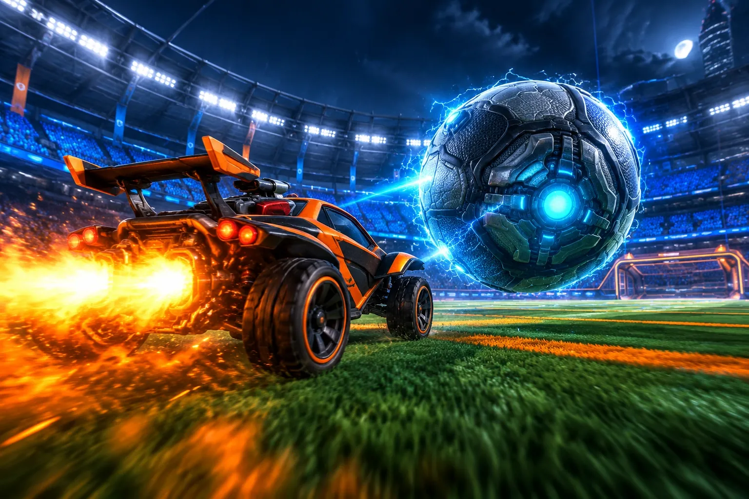 Car soccer illustration: a rocket car facing a glowing ball, not a gameplay screenshot